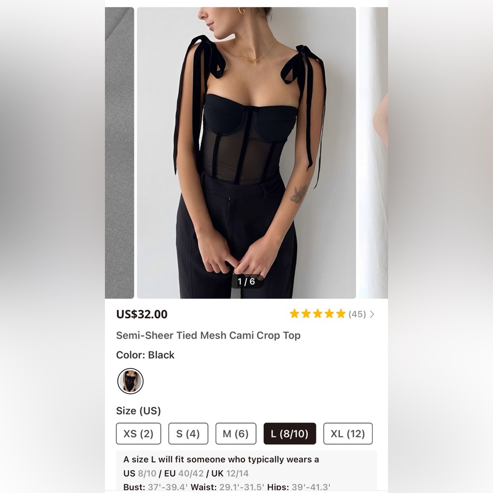 Commense Semi sheer, tied mesh cami crop top LG (8/10) brand new w/ tags